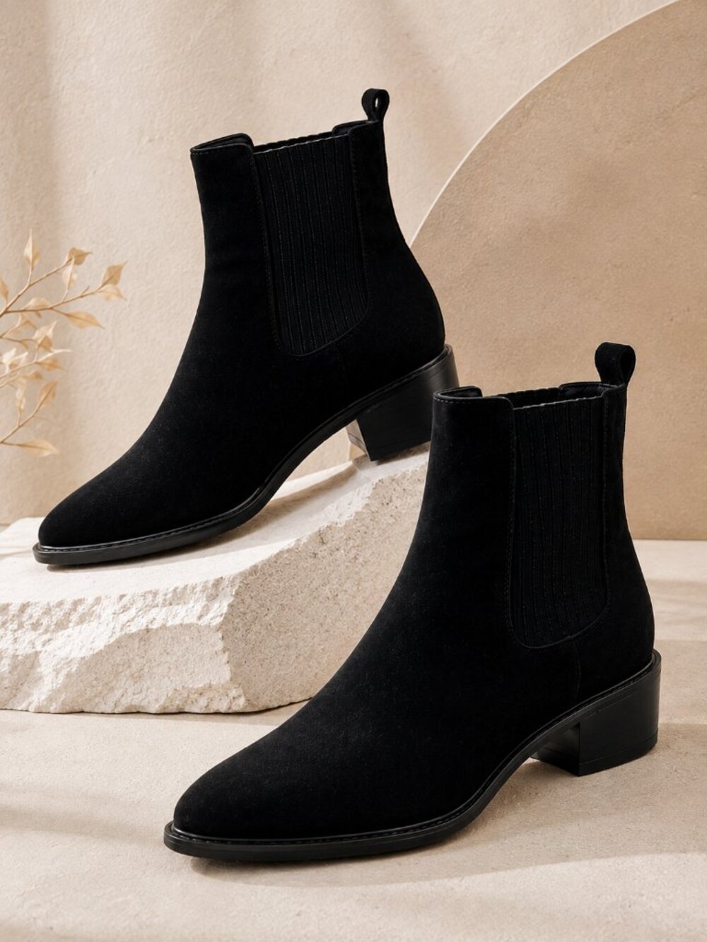 Women’s Chelsea Ankle Suede Boots Pointed Toe Low Block Heel Pull On Booties